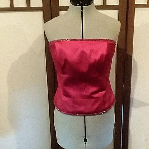 Dessy Collection bustier sz 16 cranberry with beading at top and bottom. - Picture 1 of 15